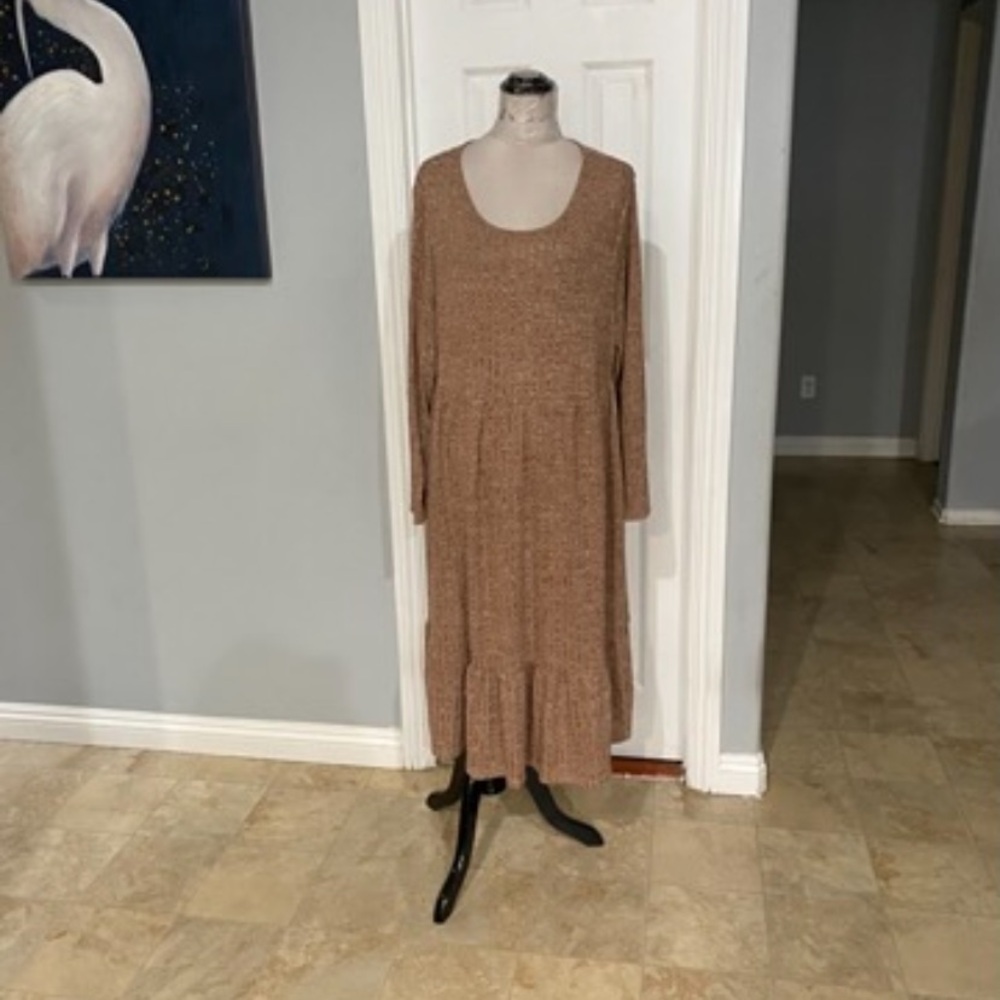 New Women 3XL Brown Long-sleeved Midi dress tiered babydoll sweater Dress - Picture 2 of 8
